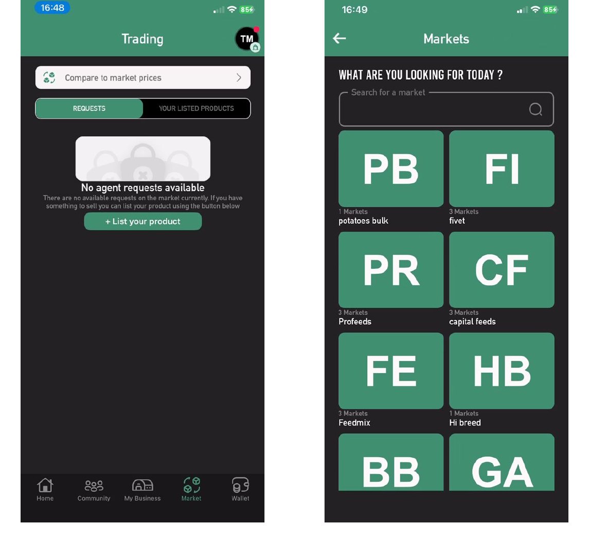 The in-app marketplace connects clubs to inputs and buyers.
