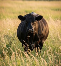 A healthy cow grazing tall grass on regenerative pasture