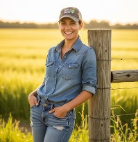 An American farmer at the fence of her field